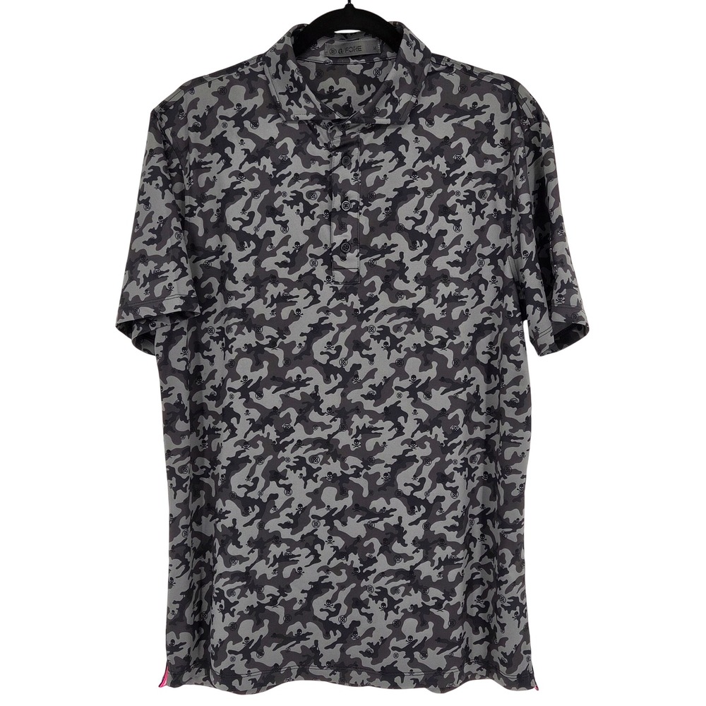G/FORE‎ Men's Medium Short Sleeve Polo Shirt Gray AOP Camo Skull & Cross Tees